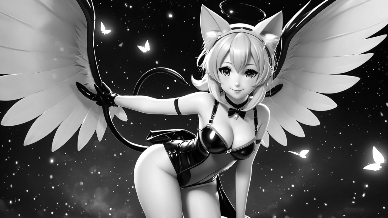 Stylized character with cat features and angelic wings