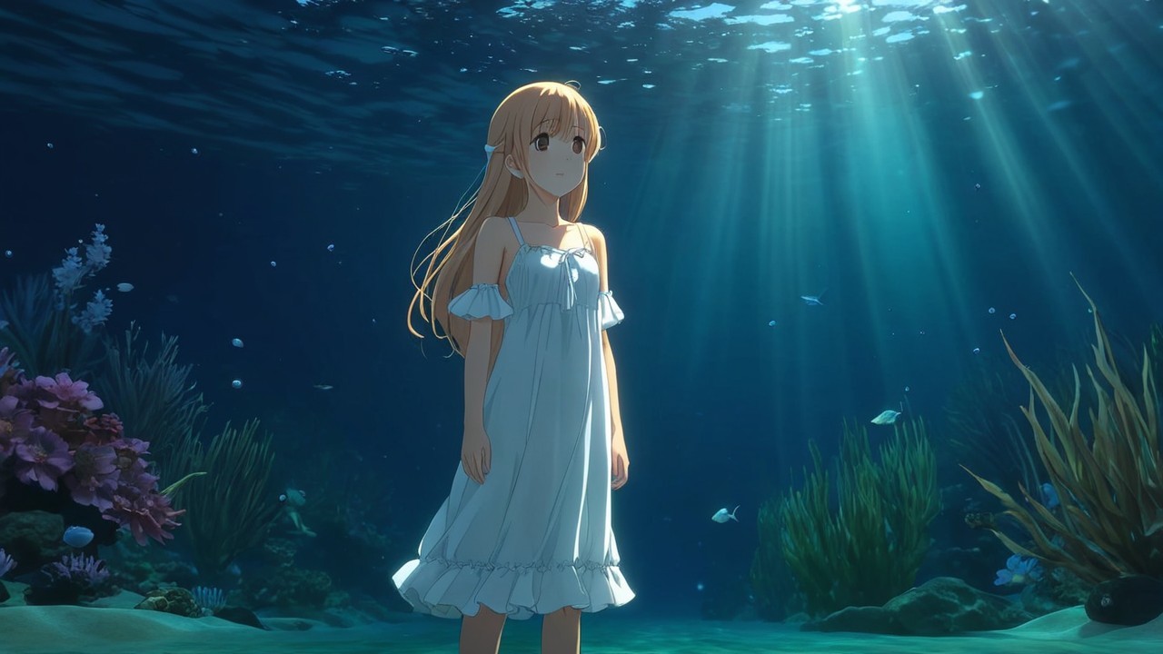 Underwater Scene with a Girl in a White Dress