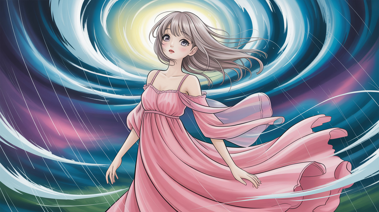 Anime girl in pink gown with abstract background