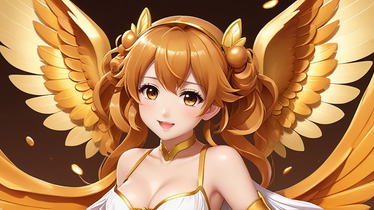 Anime-inspired character with golden hair and wings