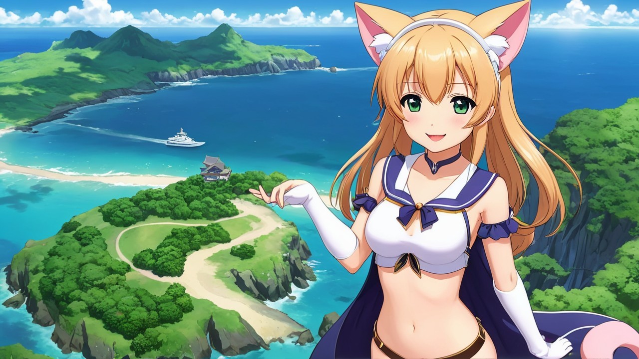 Cheerful anime character in tropical landscape setting