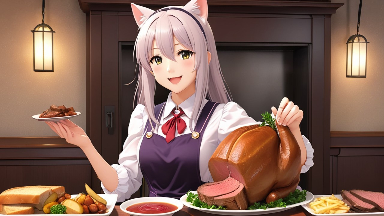 Cheerful Character in Cozy Dining Setting with Feast