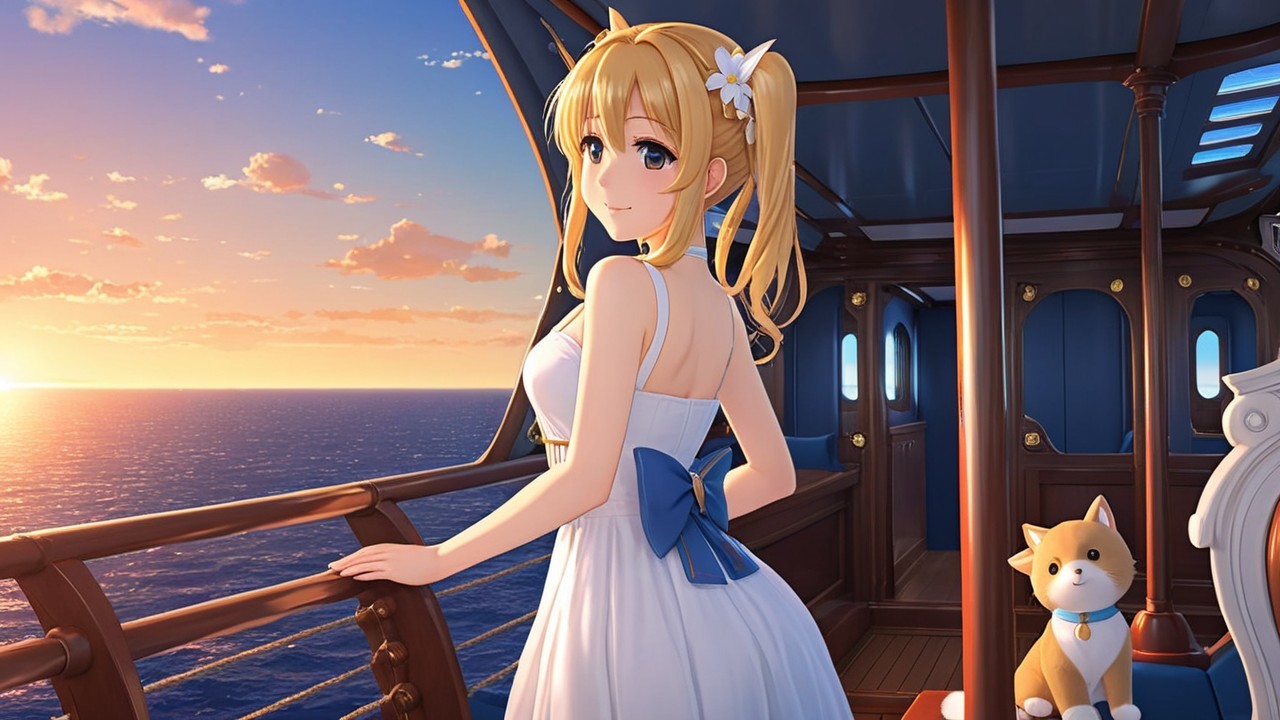 Young woman in white dress with dog at sunset on ship