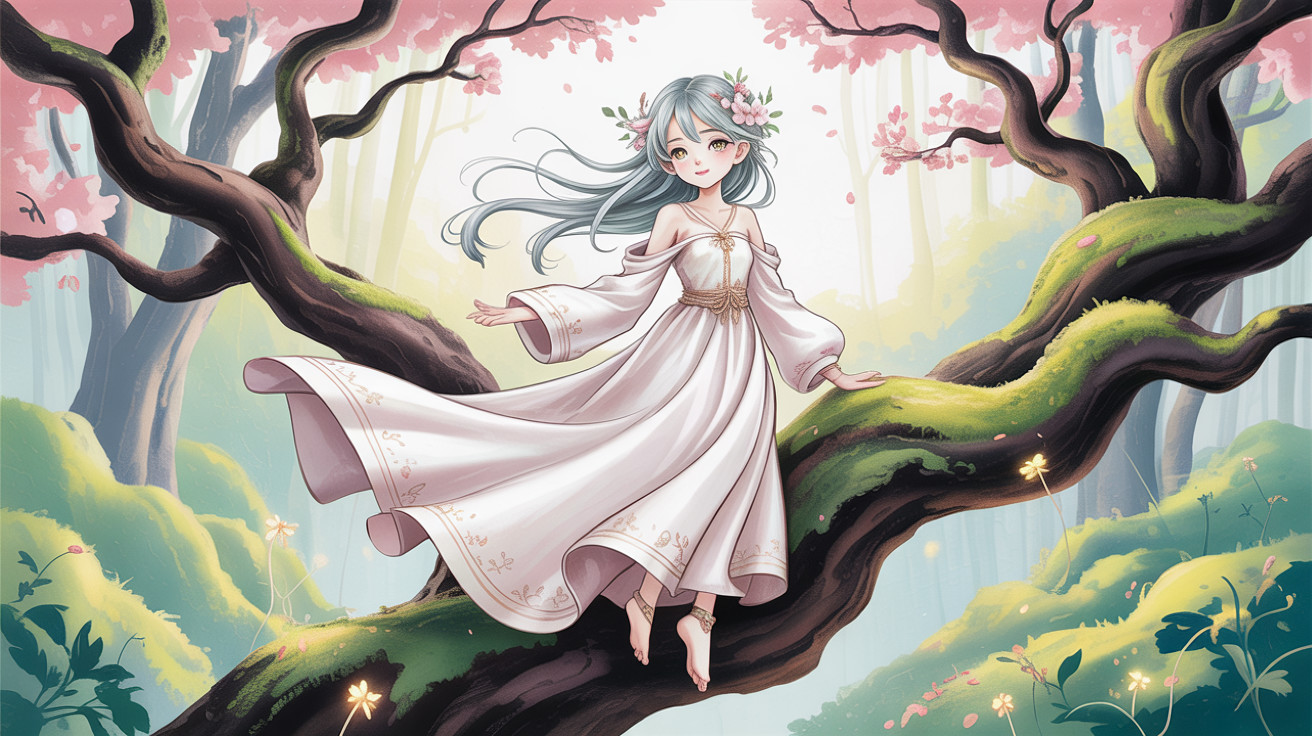 Fantasy Painting of a Girl in a Cherry Blossom Forest