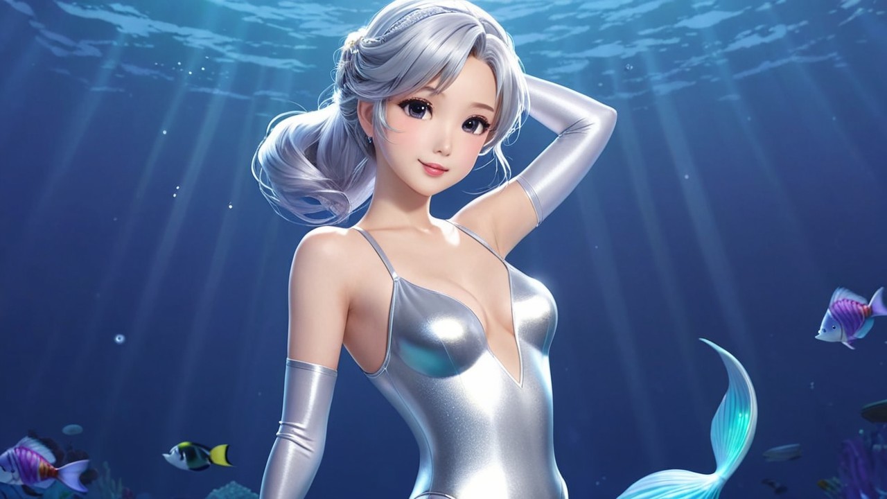 Animated character in silver swimsuit underwater scene