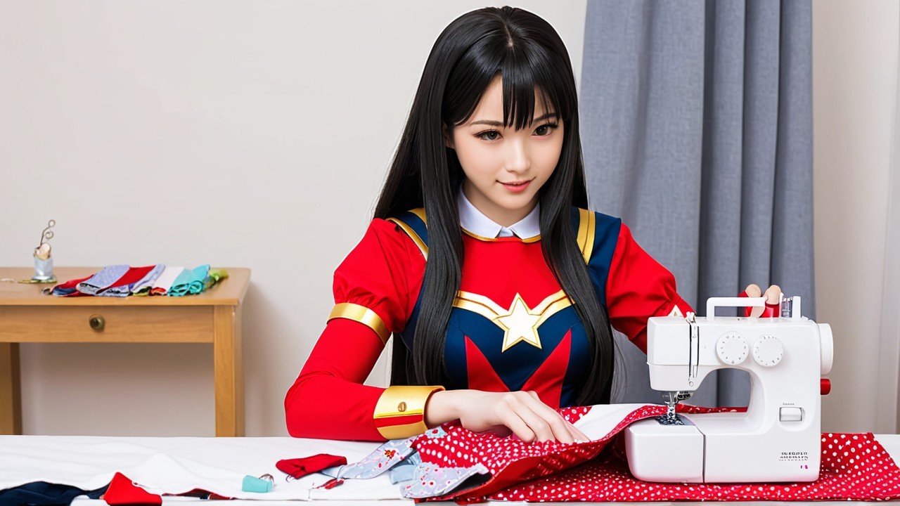 Young woman sewing in superhero outfit at a table
