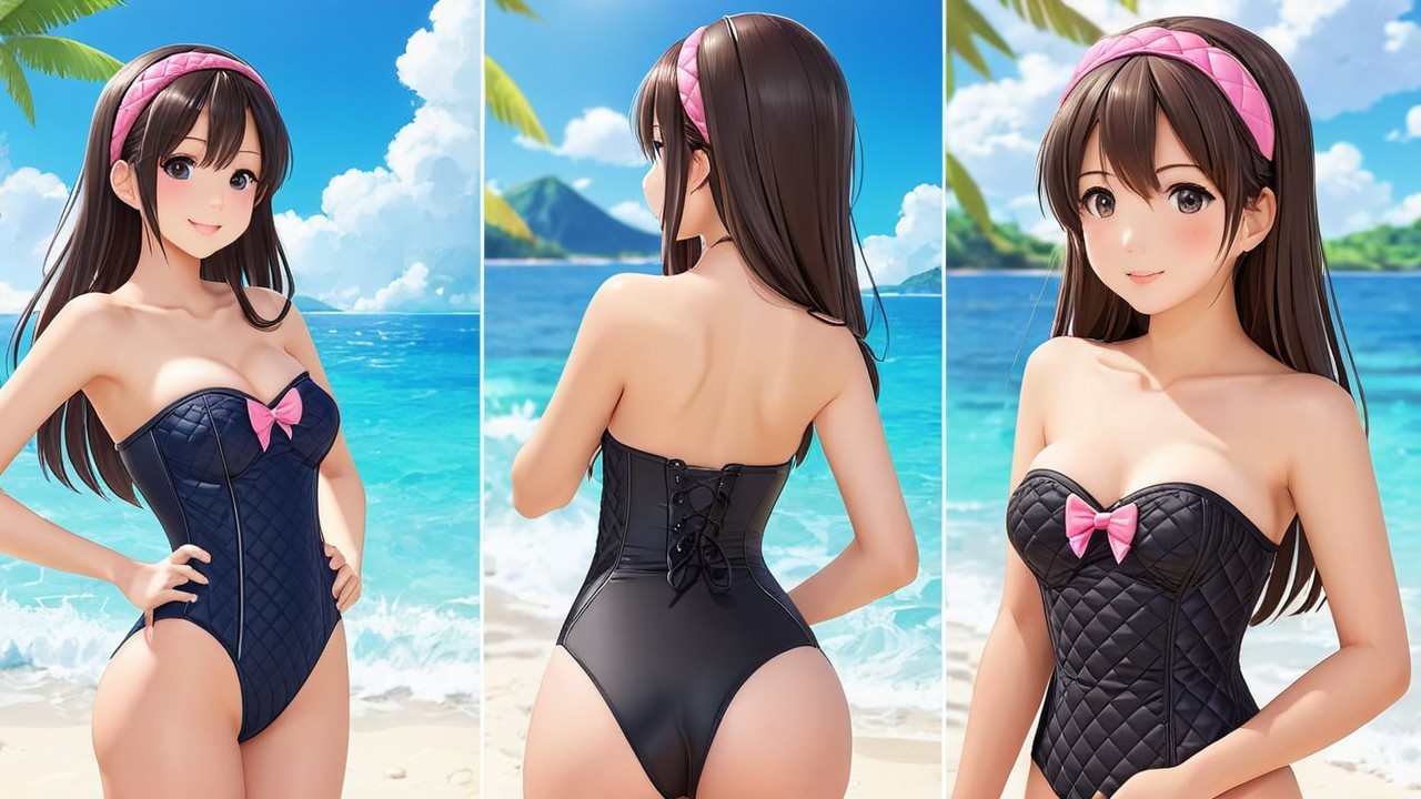 Stylized Character in Black Swimsuit at Beach Scene