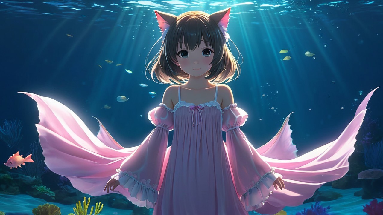 Underwater Scene with Girl in Pink Dress and Fish