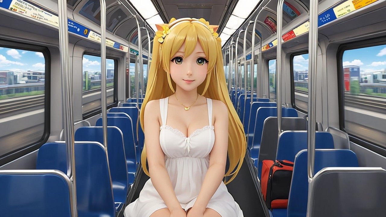 Young woman in white dress on modern train interior