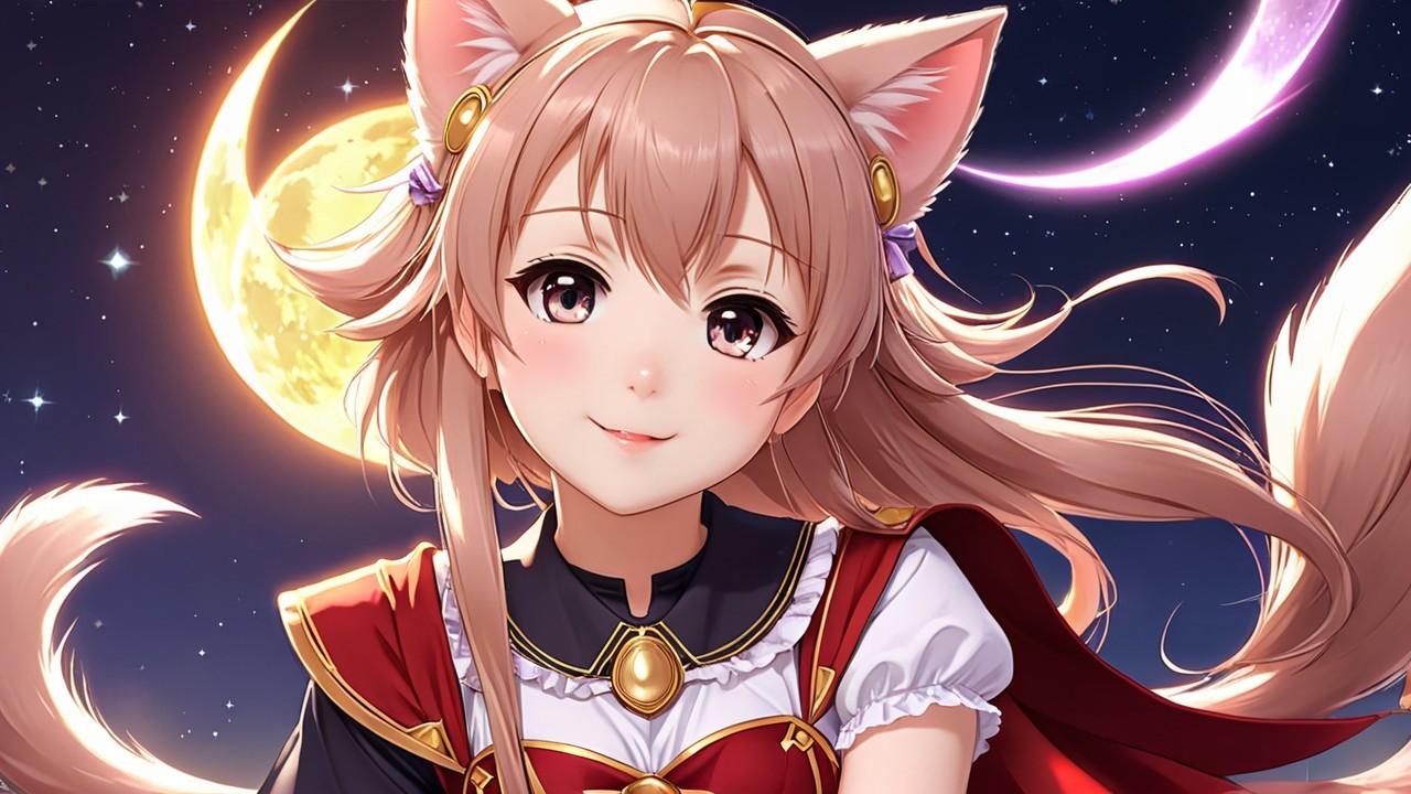Cheerful character with cat ears and mystical night sky