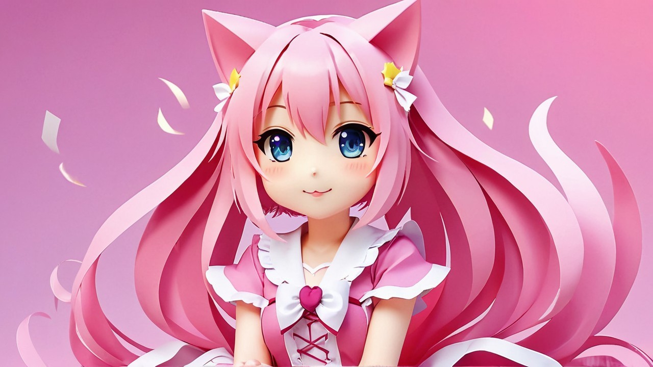 Anime girl with pink hair and cat ears in pink dress