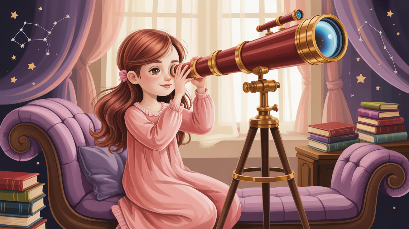 Young girl using a telescope indoors with a starry view