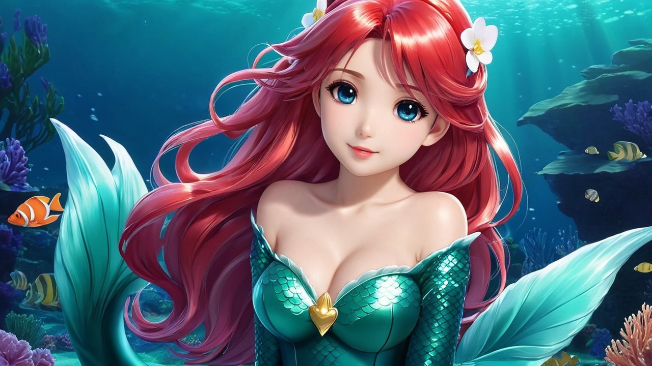 Underwater Scene with Young Mermaid and Coral Reef