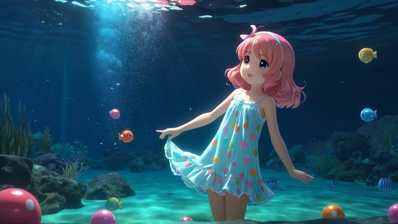 Whimsical Underwater Scene with Cheerful Girl