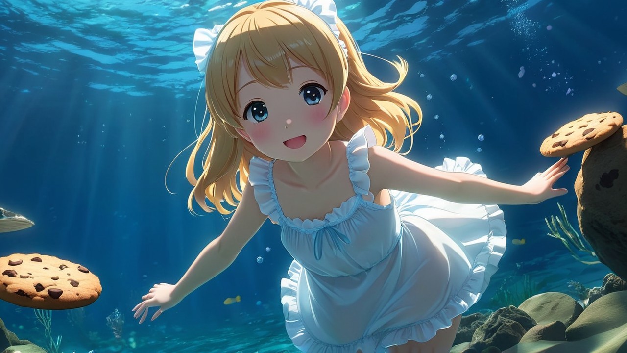 Anime Girl Swimming with Cookies in Underwater Scene