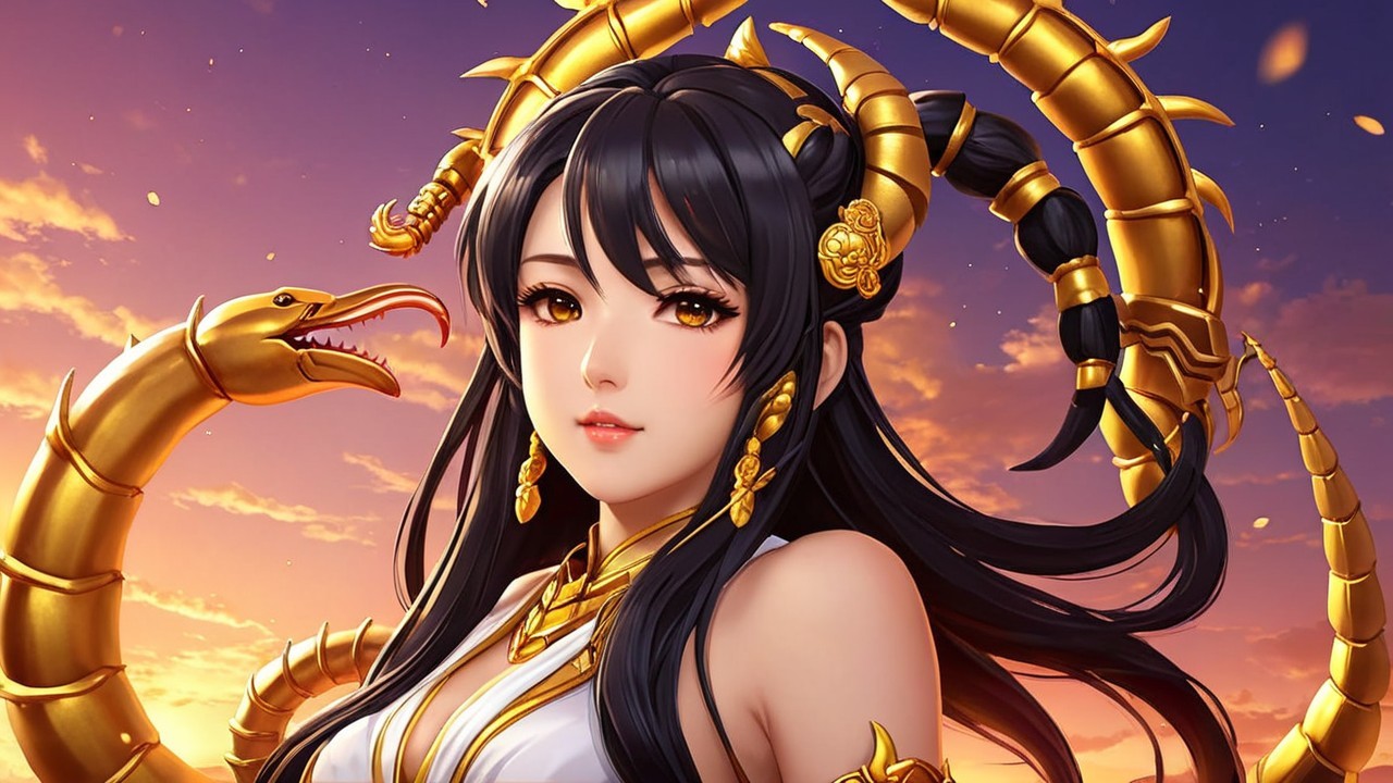 Female Figure with Black Hair and Golden Serpent