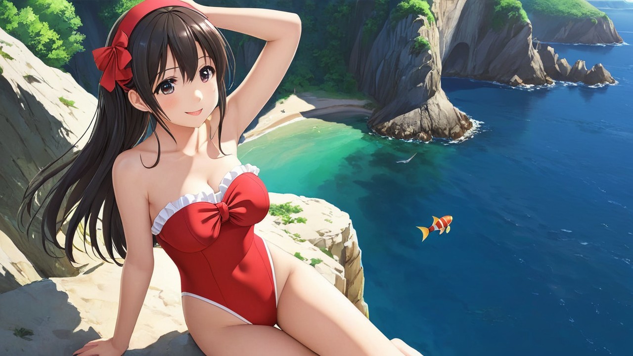 Young Woman in Red Swimsuit by Vibrant Ocean Scene