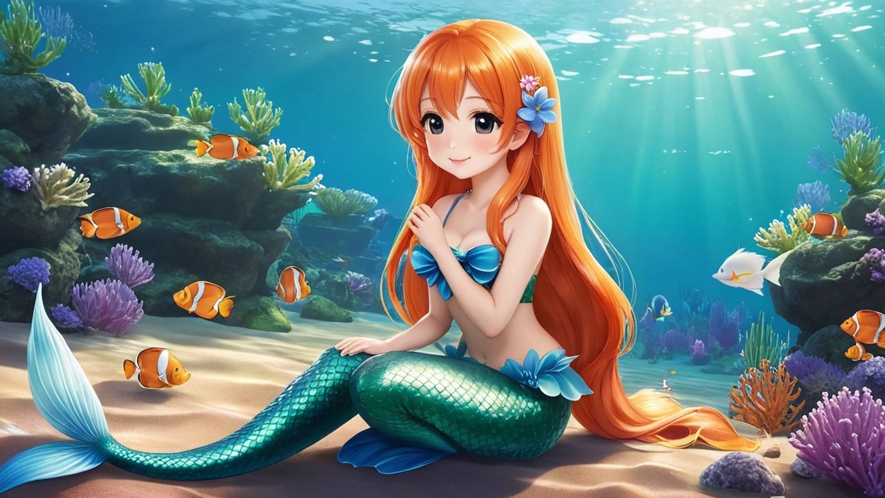 Anime-style mermaid with orange hair in coral setting