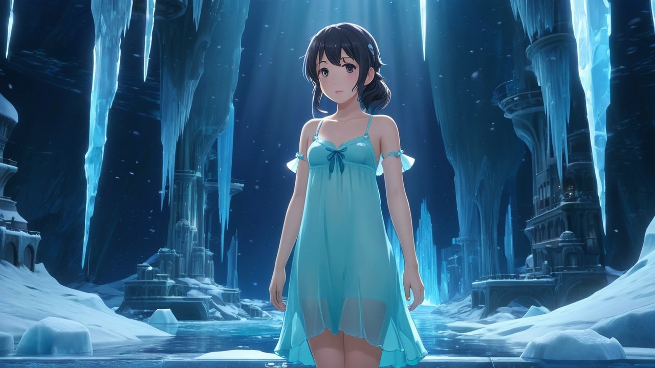 Young girl in enchanting ice cave with blue light