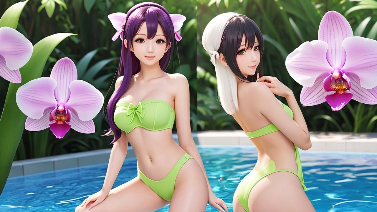 Stylized Characters in Green Bikinis by Poolside