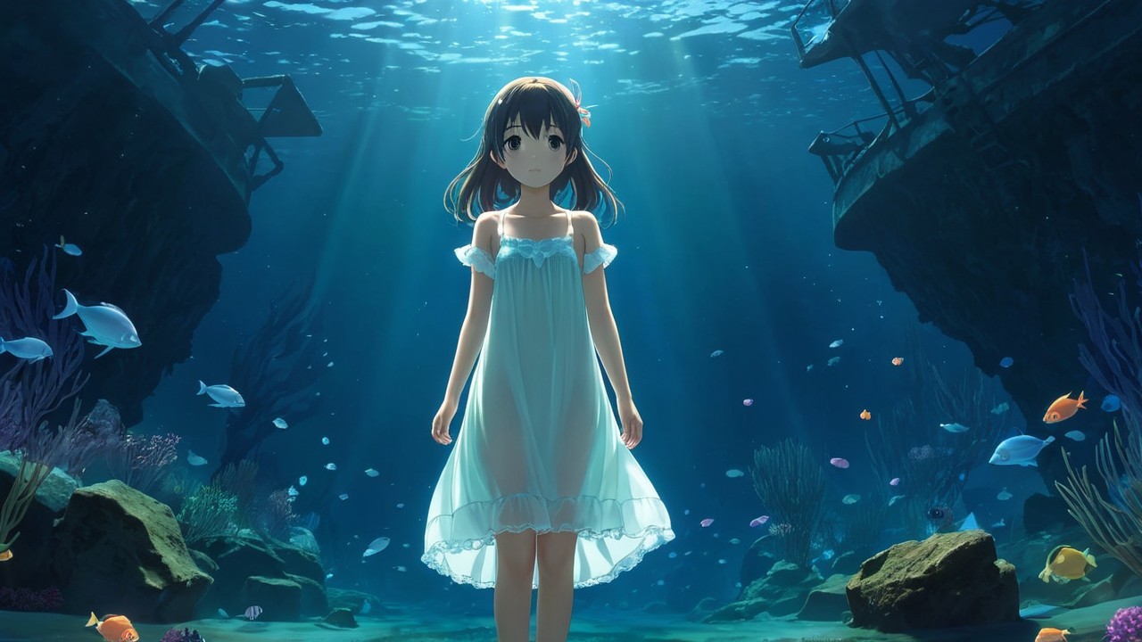 Young girl underwater with vibrant marine life and light