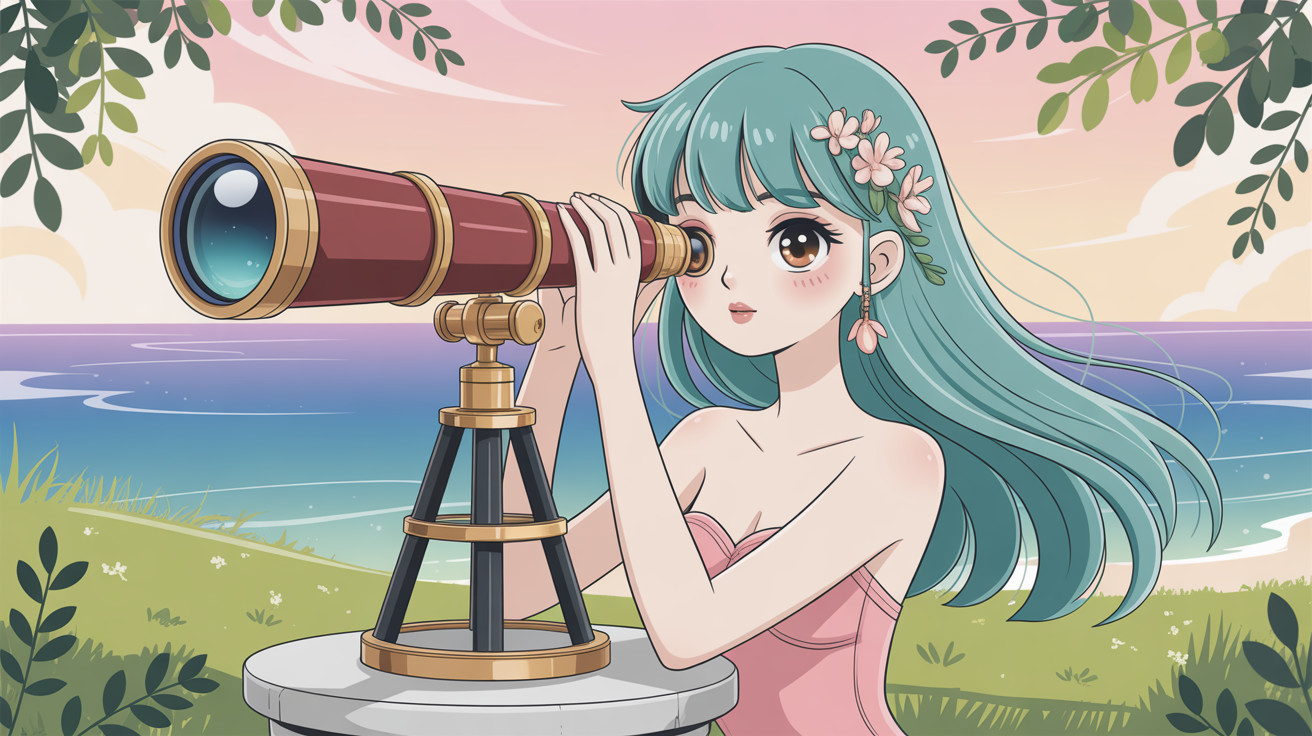 Anime Illustration of Girl with Teal Hair and Telescope
