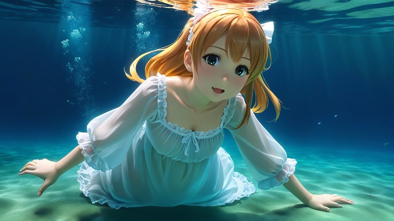 Young girl in white dress floating underwater with sunlight