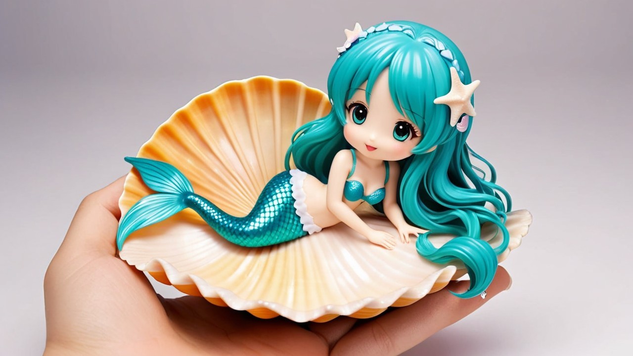 Mermaid Figurine in Seashell with Turquoise Hair