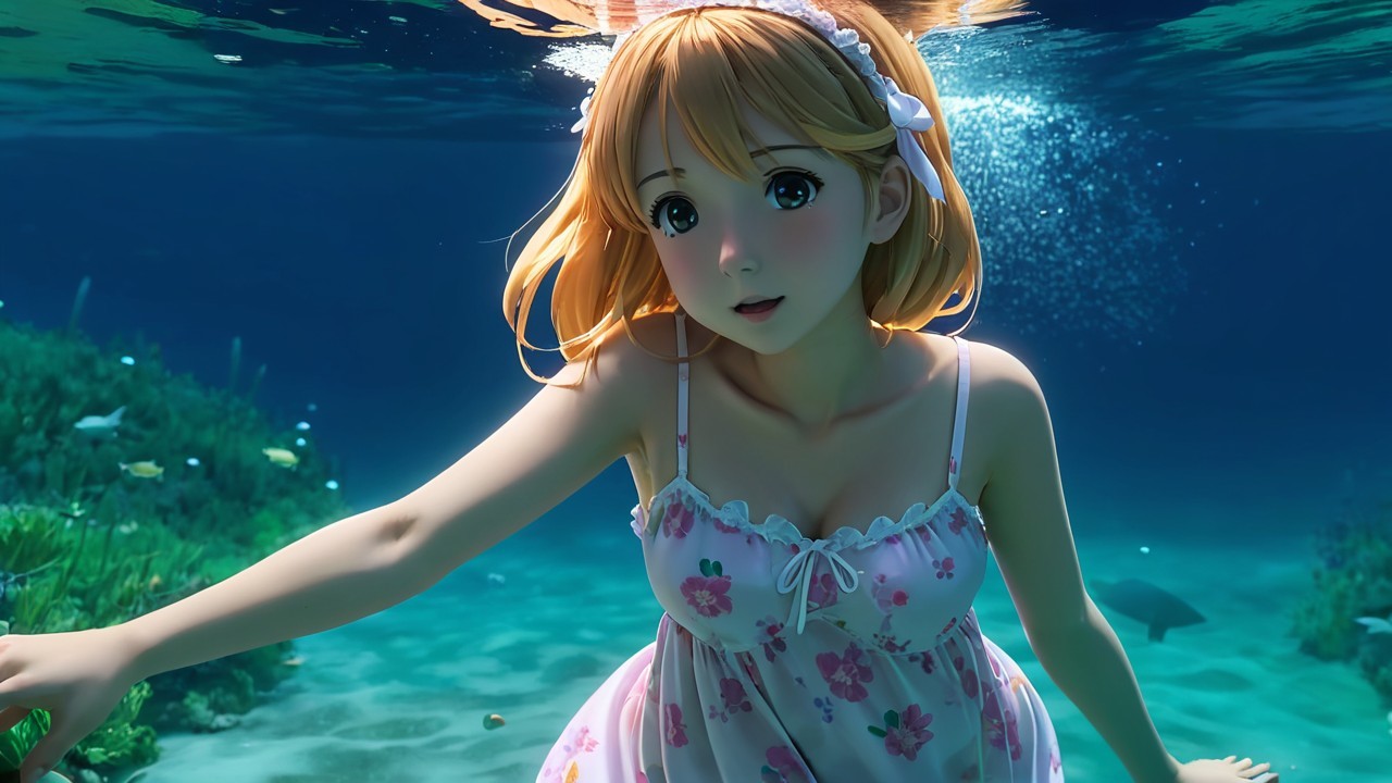 Young girl swimming underwater with marine life