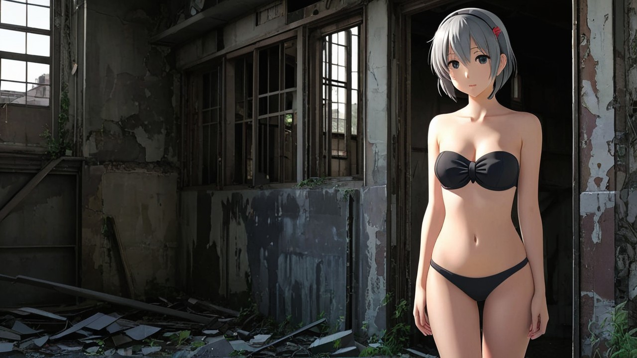 Anime-style girl in a dilapidated room illustration
