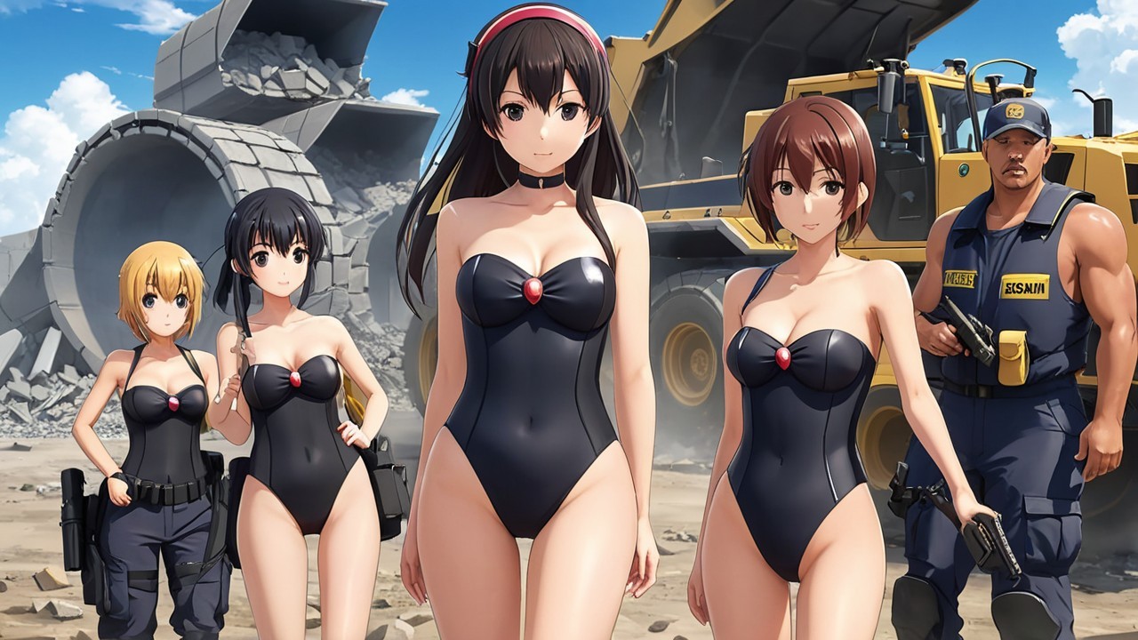 Stylized Characters at a Construction Site in Swimsuits