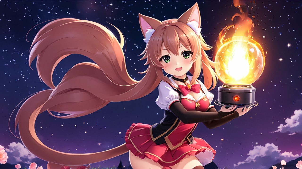 Cheerful anime character with glowing orb in night sky