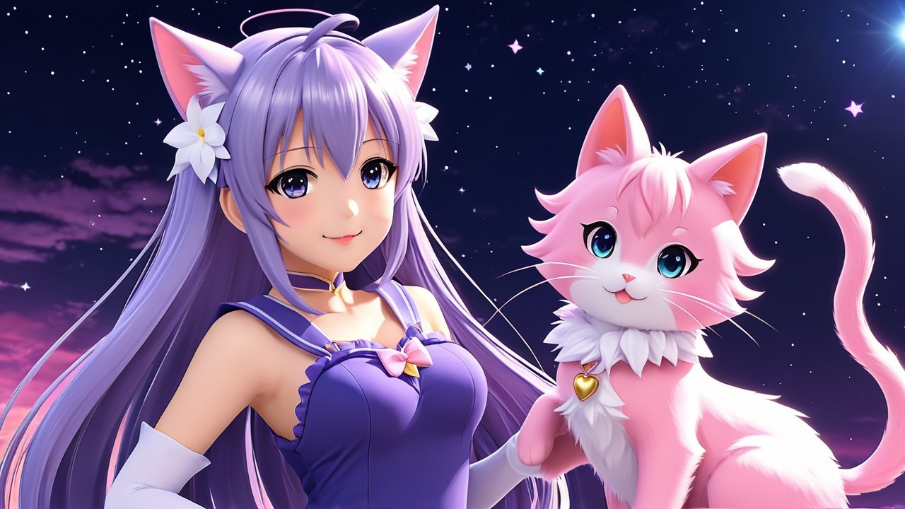 Anime Character with Cat in Starry Night Scene