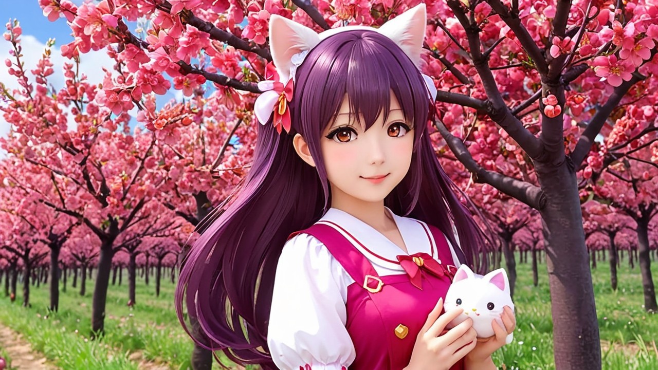 Cheerful girl in cherry blossoms with cat figurine