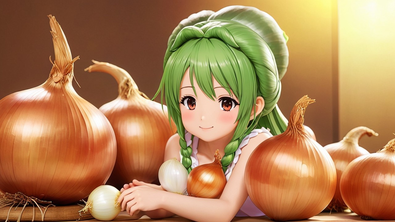 Cheerful anime girl surrounded by golden onions
