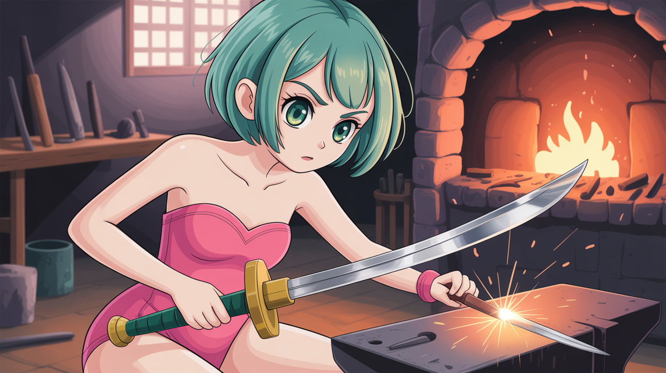 Anime-style character in blacksmith forge creating sparks