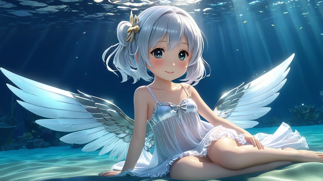 Underwater Scene with Girl in White Dress and Wings