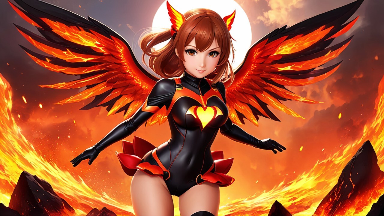 Fierce character in black and red outfit with wings