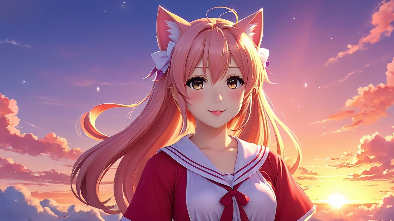 Cheerful anime girl with pink hair and cat ears