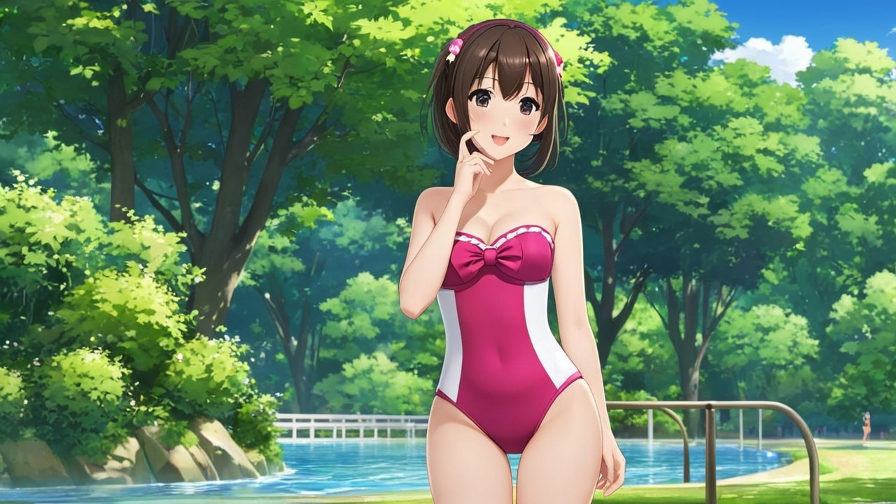 Cheerful girl in pink swimsuit by serene poolside