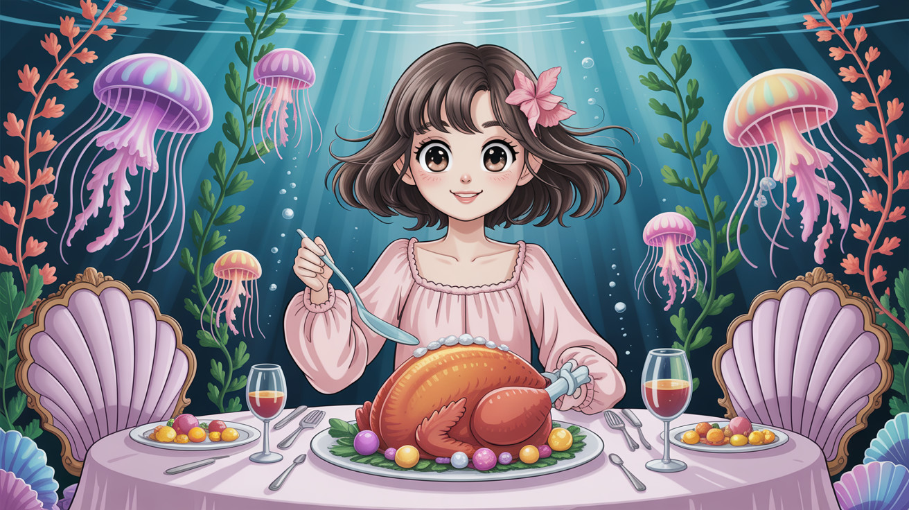 Anime Illustration of Girl at Underwater Dining Table