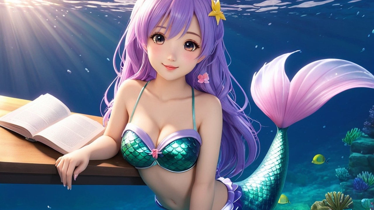 Mermaid with Teal and Purple Scales Underwater Scene