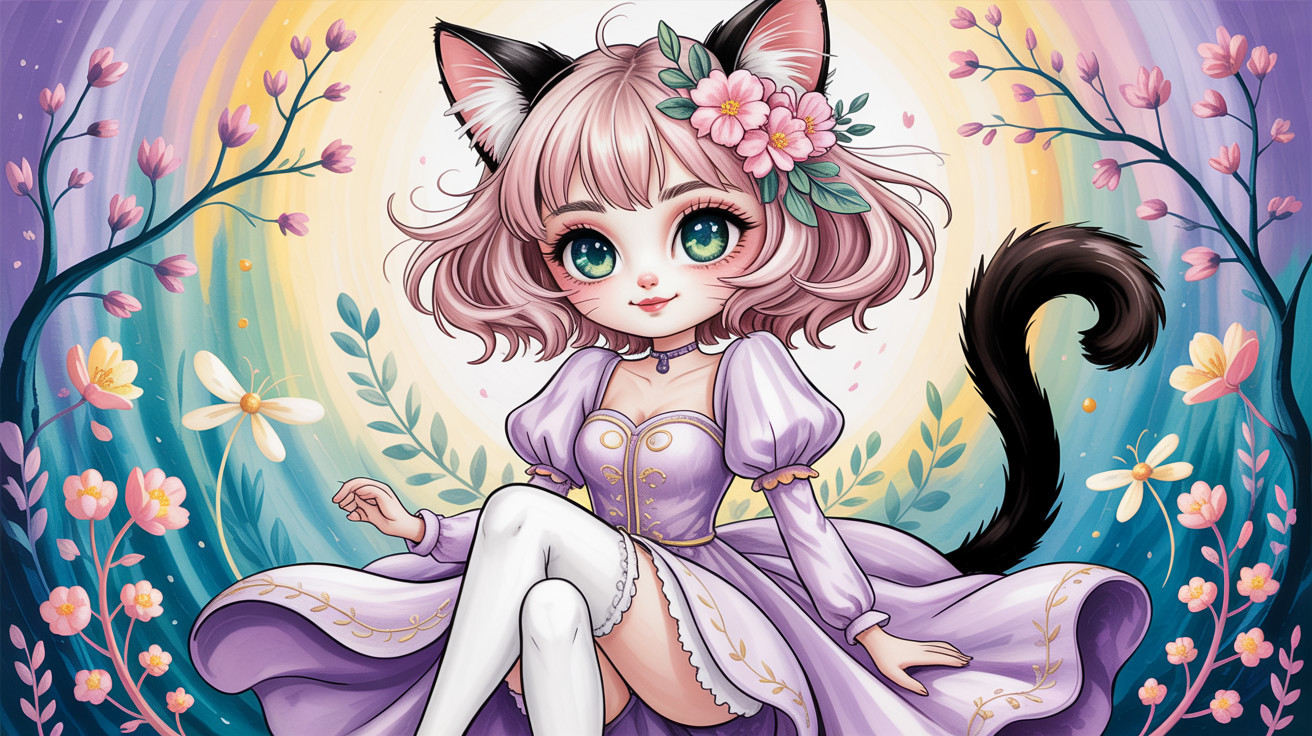 Colorful Anime Illustration of a Catgirl in Floral Setting