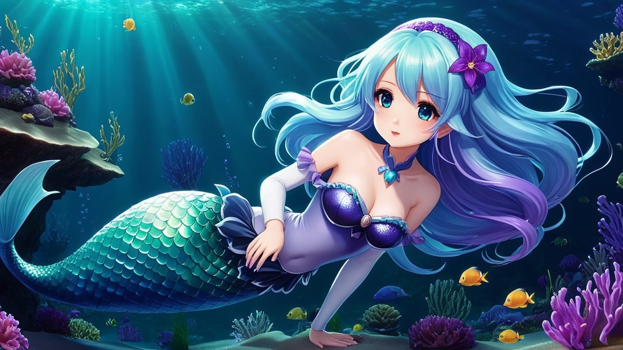 Mermaid with Aquamarine Hair in Vibrant Coral Scene