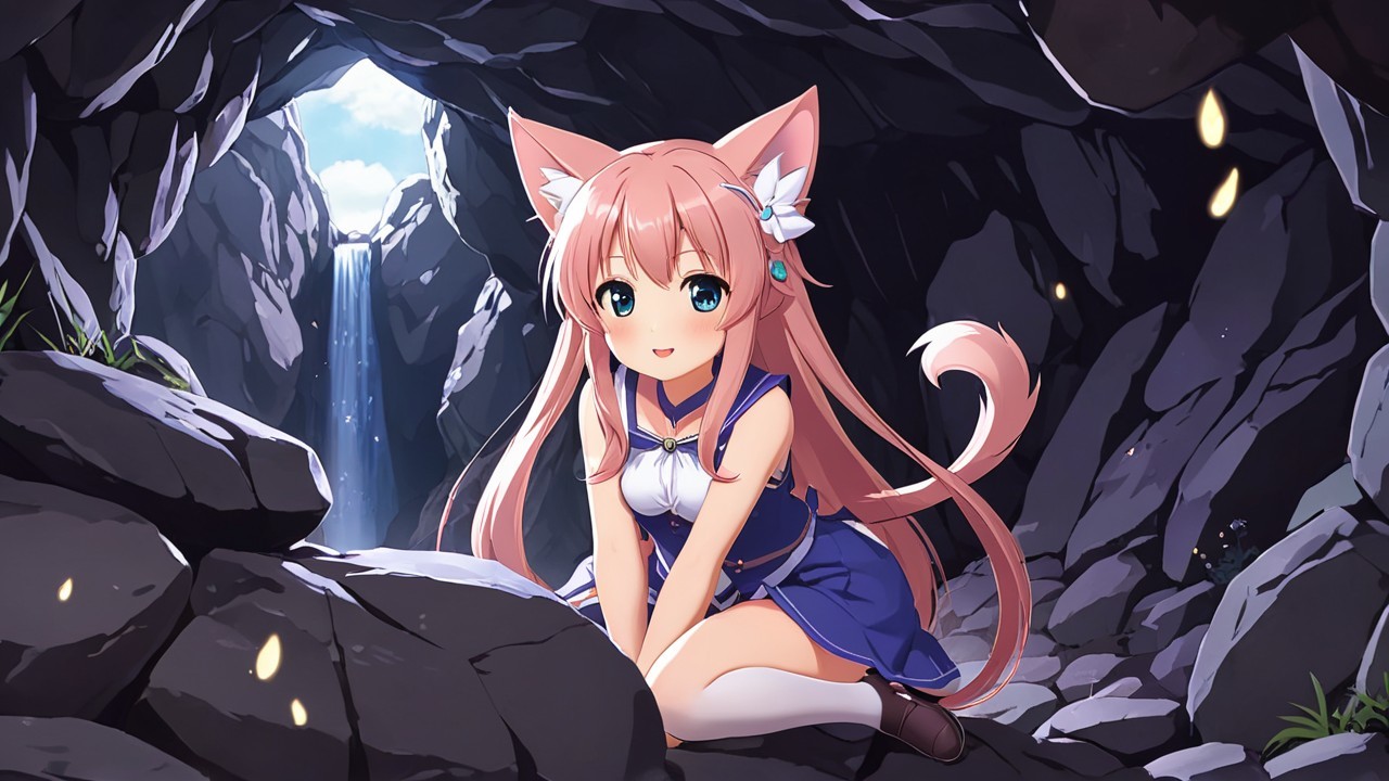 Anime girl with pink hair in a cave setting