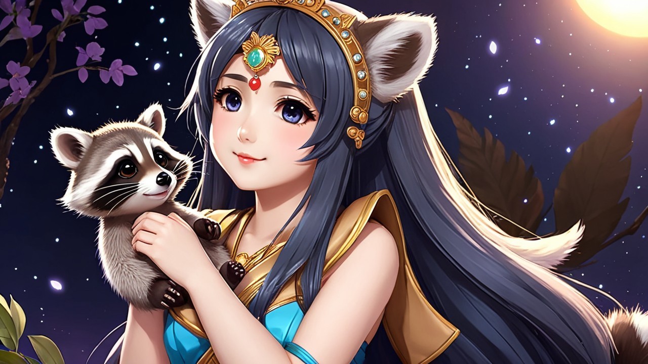 Young woman with feline ears holds raccoon at night
