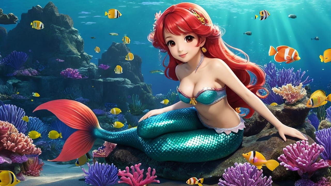 Vibrant Underwater Scene with Mermaid and Coral Reef