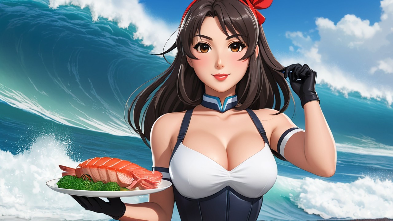 Young Woman with Salmon Dish by Crashing Waves