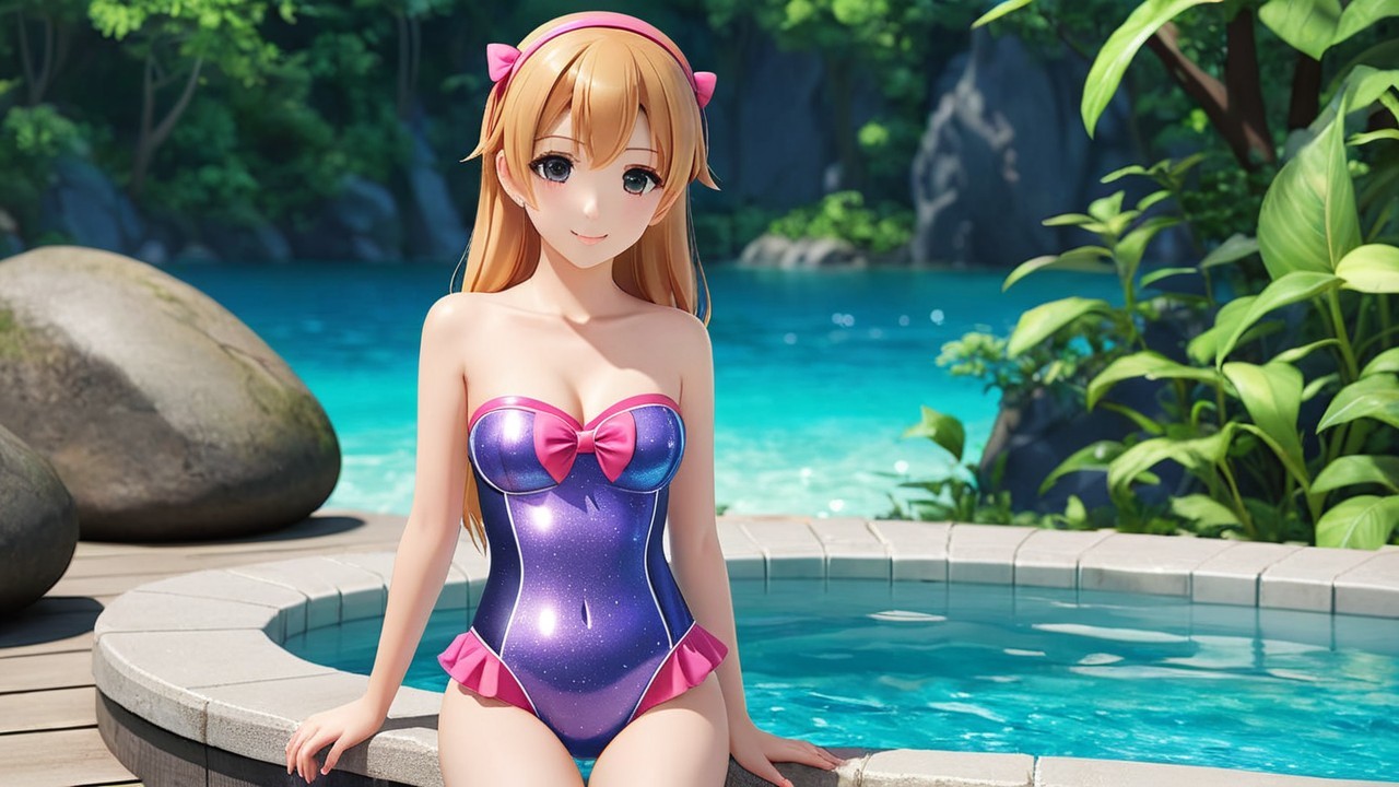 Young Female Character by Tranquil Pool in Purple Swimsuit