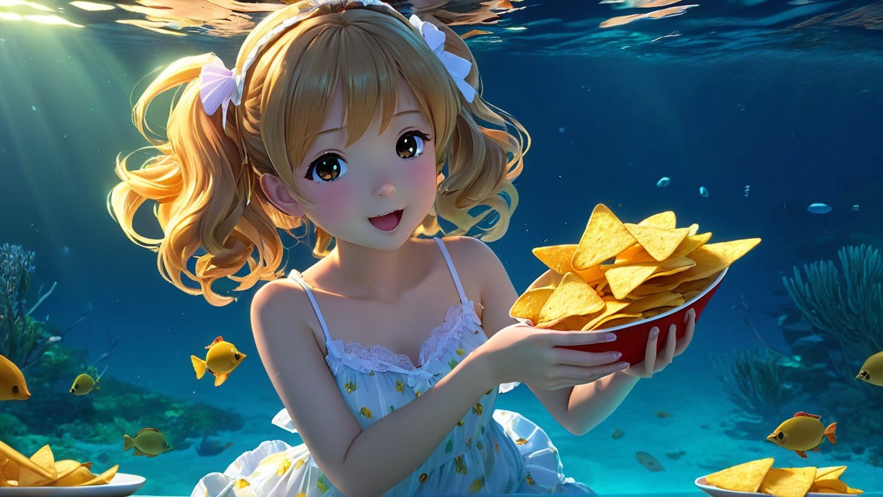 Cheerful character underwater with chips and colorful fish
